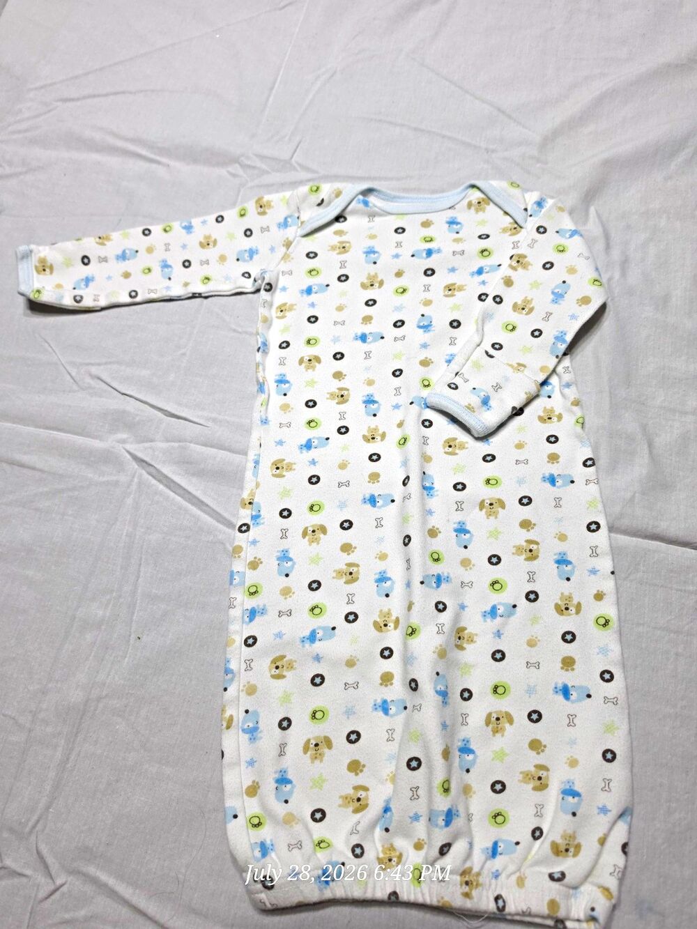 First Moments 0-3 Months White Animal Print Long Sleeve Cotton Gown One-Piece